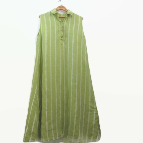 Chartreuse Green Pure Linen Midi Shirtdress - Picture 1 of 3